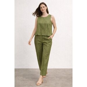 Jones New York Pant Set Women 14 Green 100% Silk Textured 2 Piece Shell